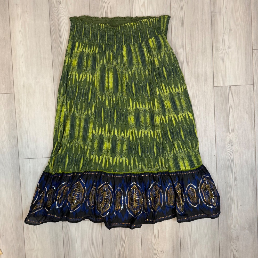 Lane Bryant Green Ikat Sequin Embroidered Cotton Smocked Maxi Skirt Womens 14/16